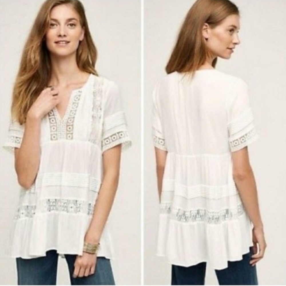 Anthropologie Maeve White Tiered Lace Boho Tunic top Size Small
